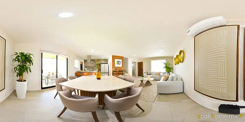 Planta Baja Modelo Scordia Plus: Estancia y cocina con acabados de mármol conectadas al jardín