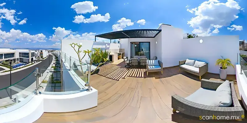 Rooftop Modelo Encino con asador, pérgola metálica y vista al valle