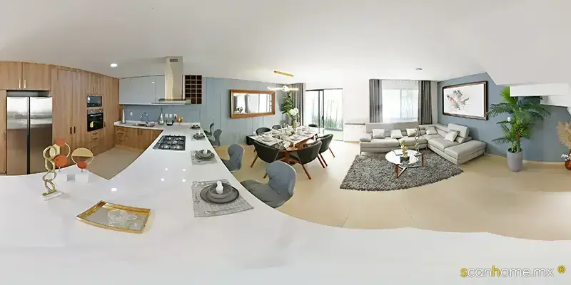 Modelo Encino Los Robles III, Planta Baja con cocina de cuarzo y gabinetes de alto brillo