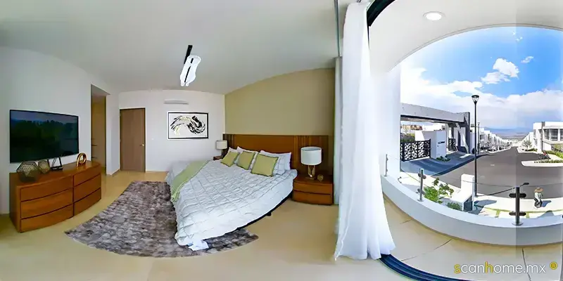 Modelo Roble Planta Alta, recámara principal con balcón y acabados en mármol